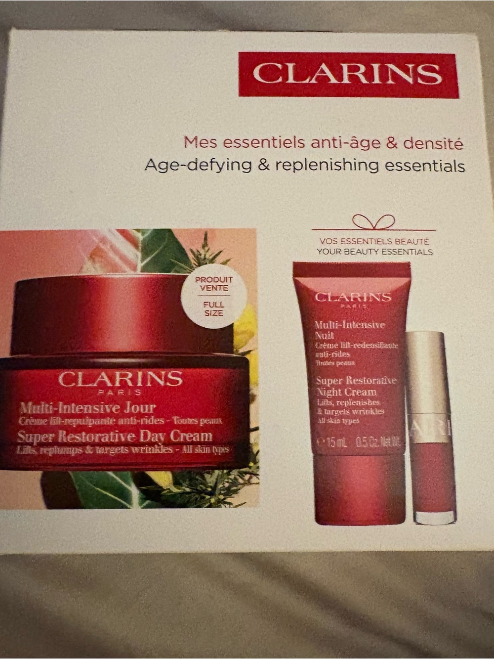 CLARINS Super Restorative Day Cream Full-Size Multi Intense Night Cream lip oil.
